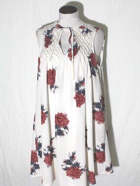 NEW Mittoshop Flowy Cute Dress Sleeveless Light Ivory w Red Flowers sz Large